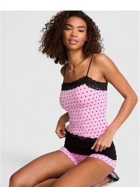 Frankie B. Pink Polka Dot Lace Trim Tank with Black Accents